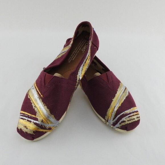 TOMS Women’s Alpargata Slip On Shoes Maroon Gold Silver Paint Stripe Canvas 7.5 - Picture 7 of 8